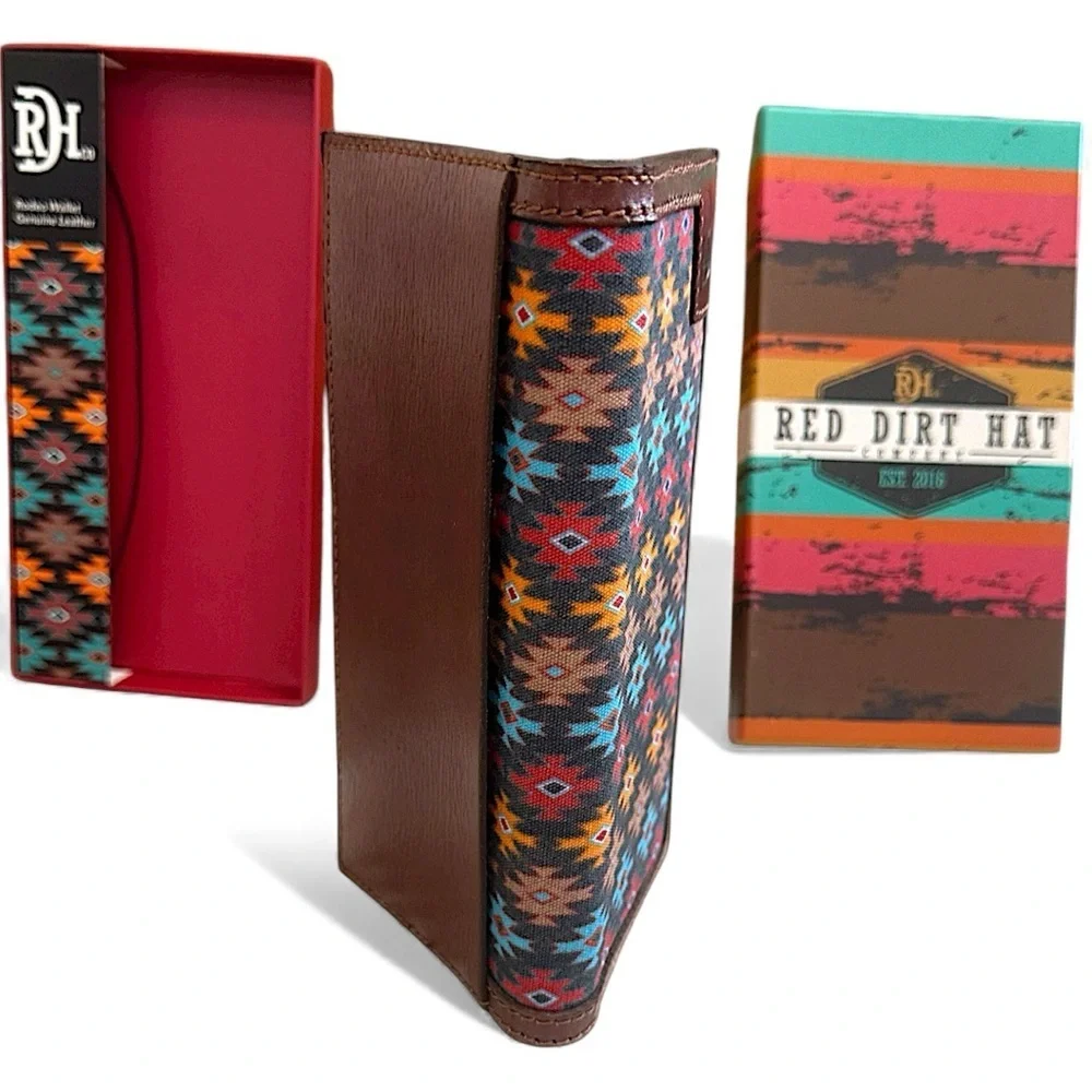 Red Dirt Hat Co Mens Rodeo Southwest Canvas Inlay Wallet Genuine Leather New